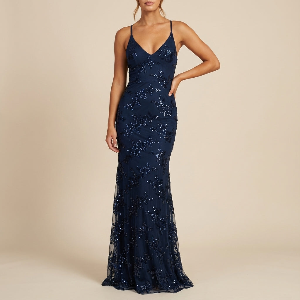 Damenkleid Midi mit Pailletten V-Ausschnitt