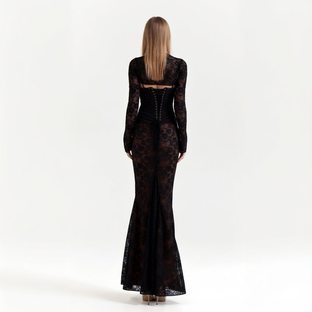 Damen Maxikleid mit Korsettschnürung und Blumenmuster