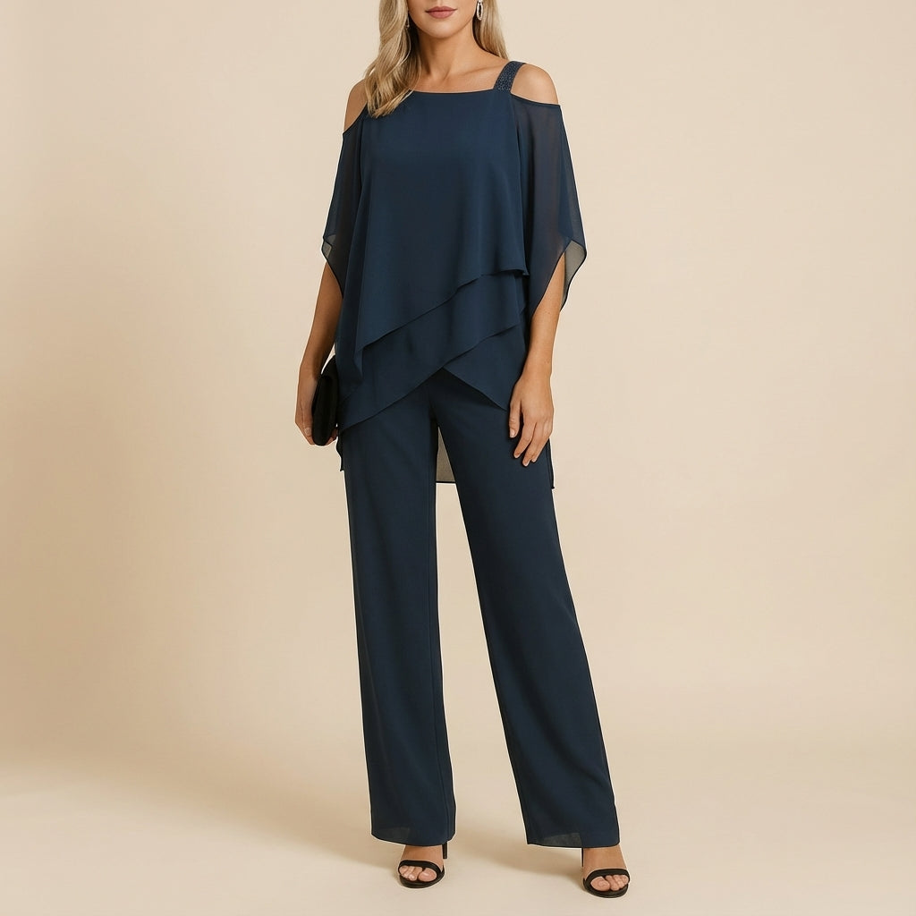 Damen-Jumpsuit locker geschnitten mit asymmetrischem Design und freien Schultern