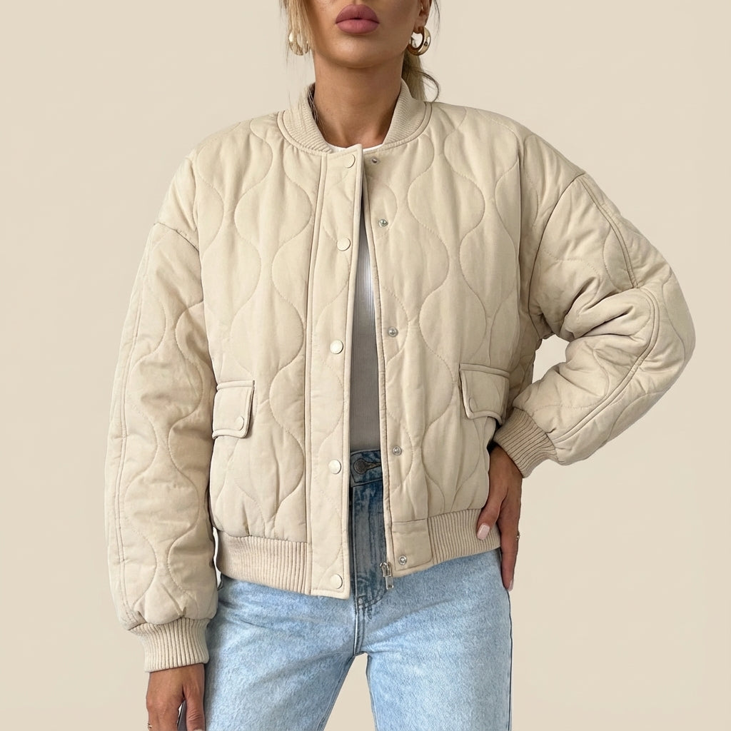 Damen Bomberjacke gesteppt mit Druckknöpfen lockerer Schnitt