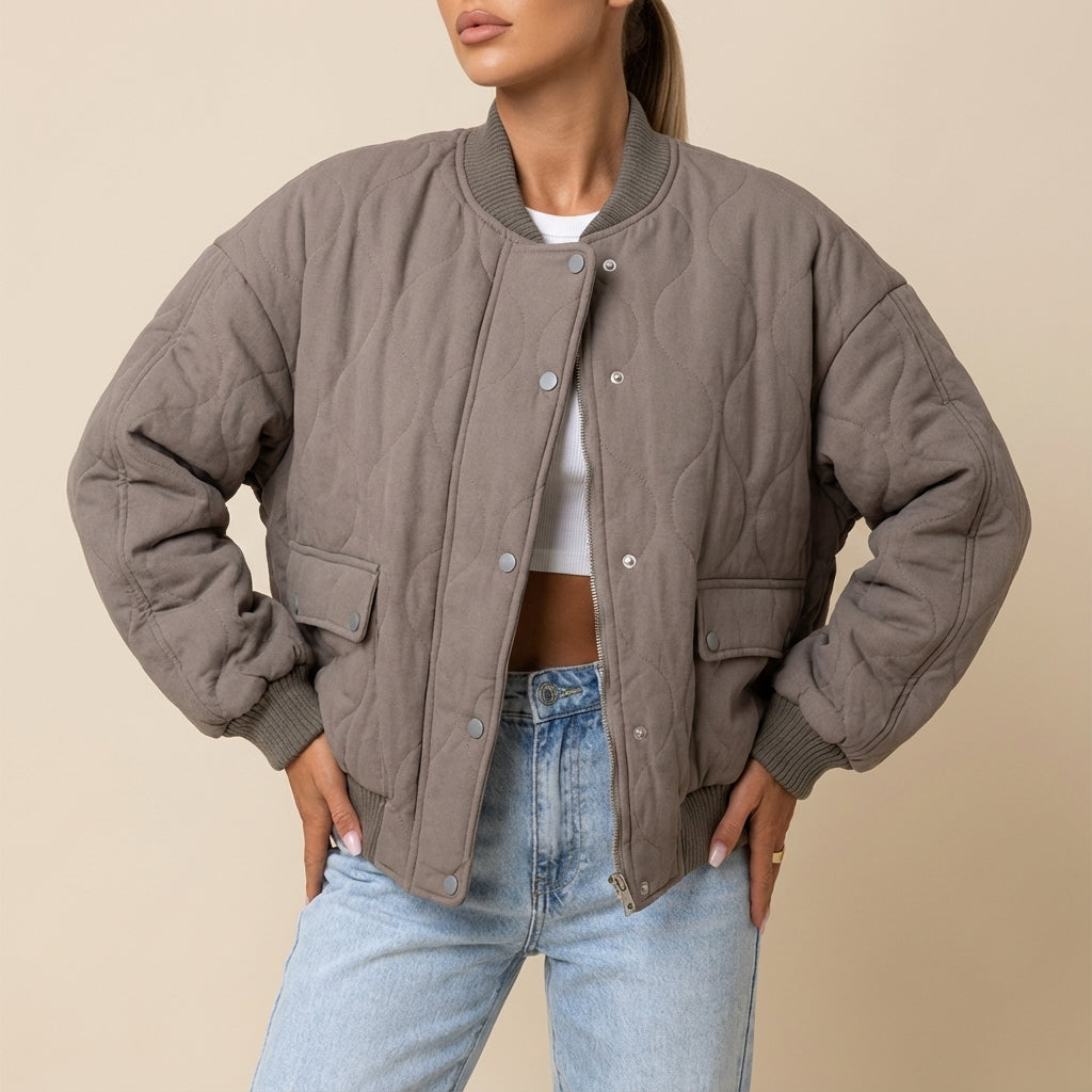 Damen Bomberjacke gesteppt mit Druckknöpfen lockerer Schnitt