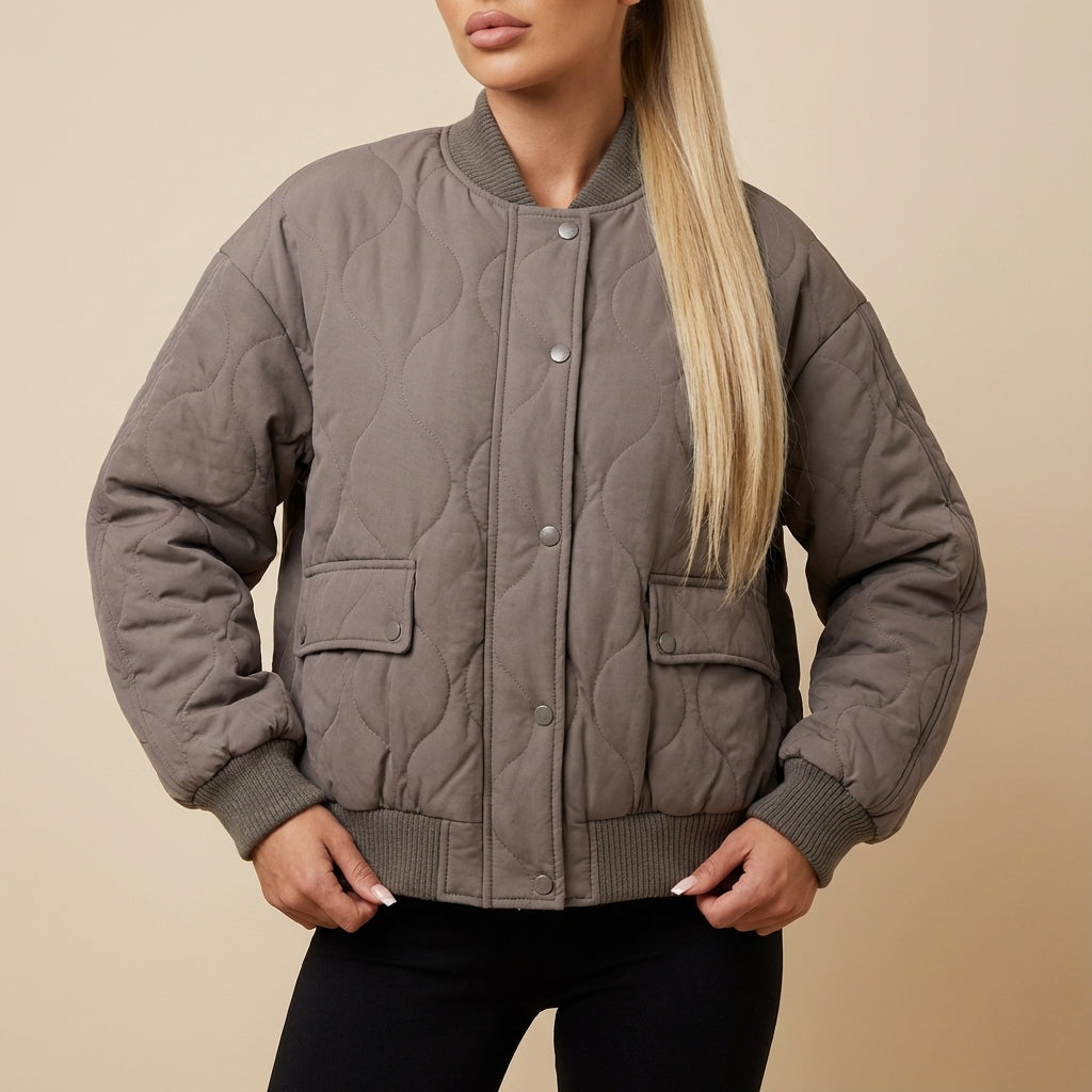 Damen Bomberjacke gesteppt mit Druckknöpfen lockerer Schnitt