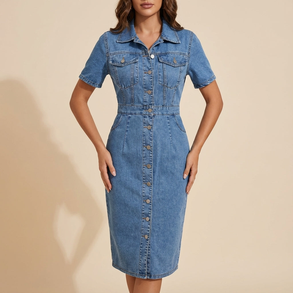 Jeanskleid Damen Midi Knopfleiste Kurzarm
