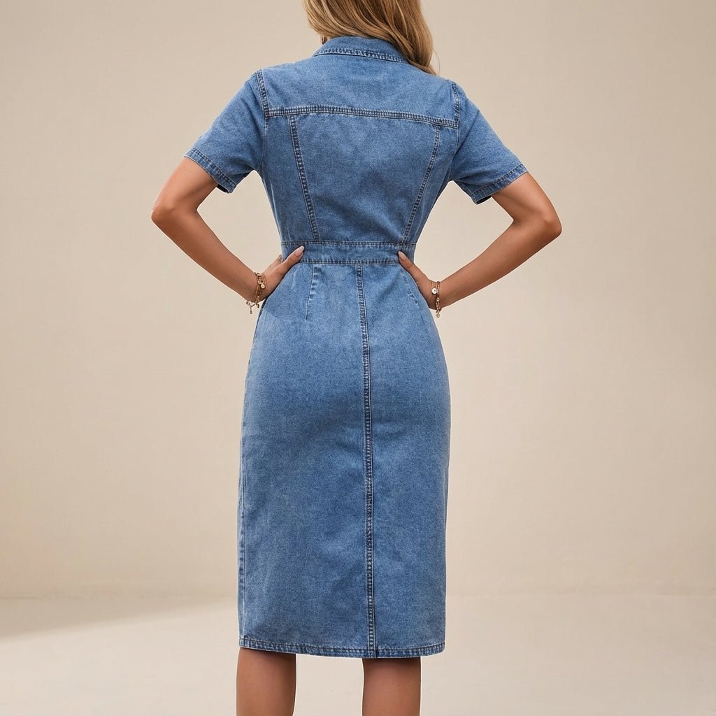 Jeanskleid Damen Midi Knopfleiste Kurzarm
