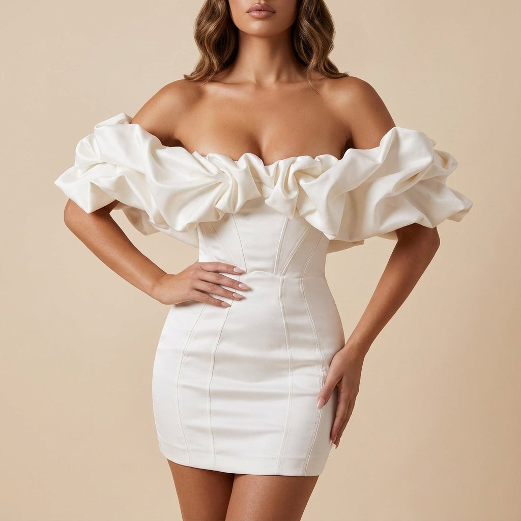 Damkleid mit Carmen-Ausschnitt tailliert Kurzform Puffärmel