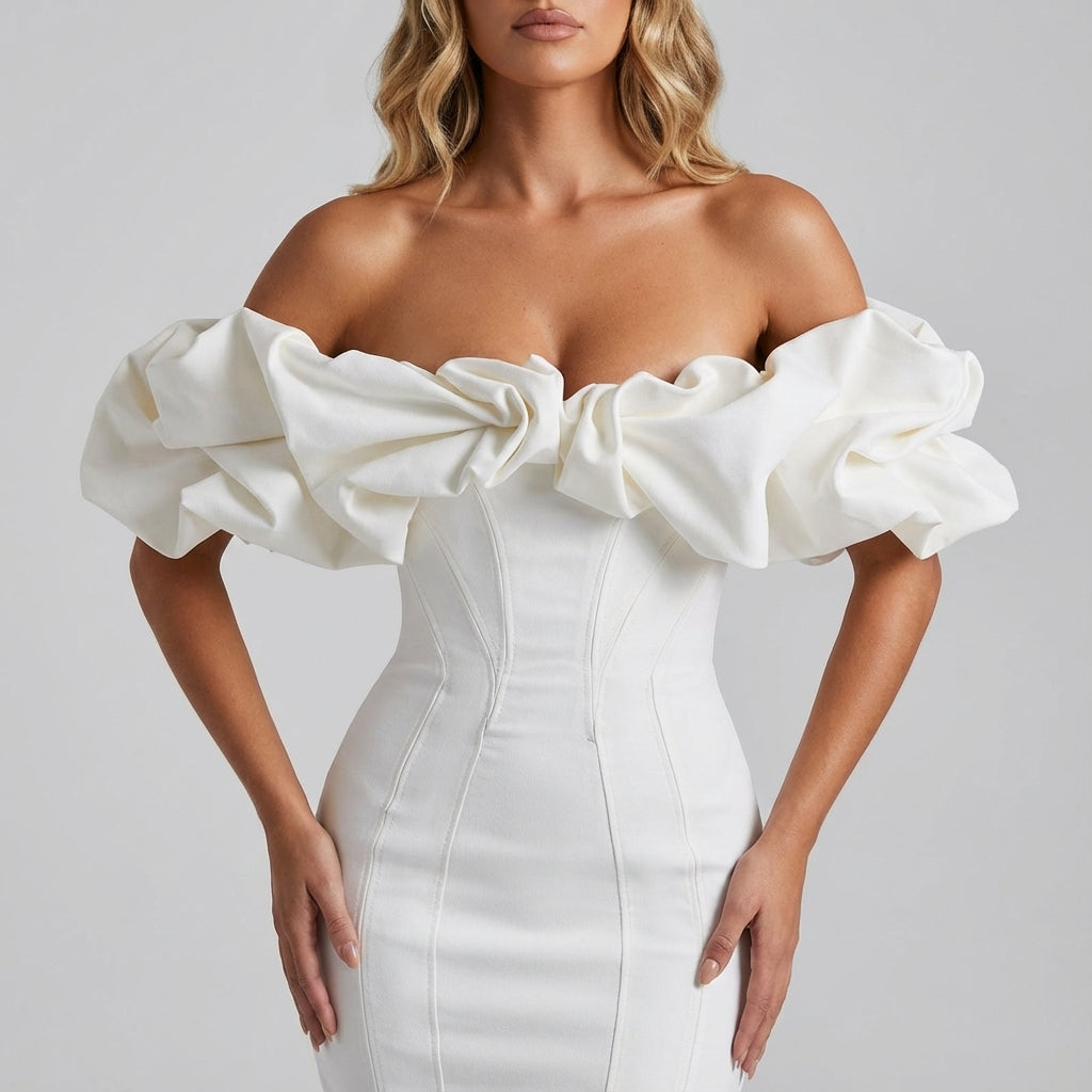 Damkleid mit Carmen-Ausschnitt tailliert Kurzform Puffärmel