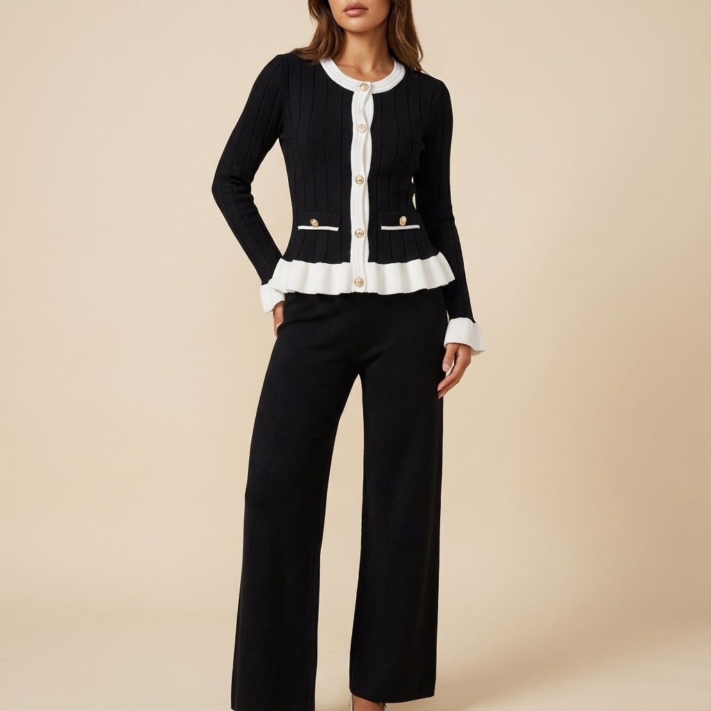 Damen-Set Cardigan mit Knöpfen und Wide-Leg-Hose