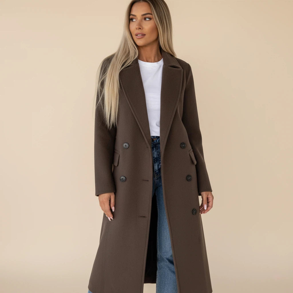 Langer Damen Trenchcoat mit Gürtel und Doppelknopfverschluss