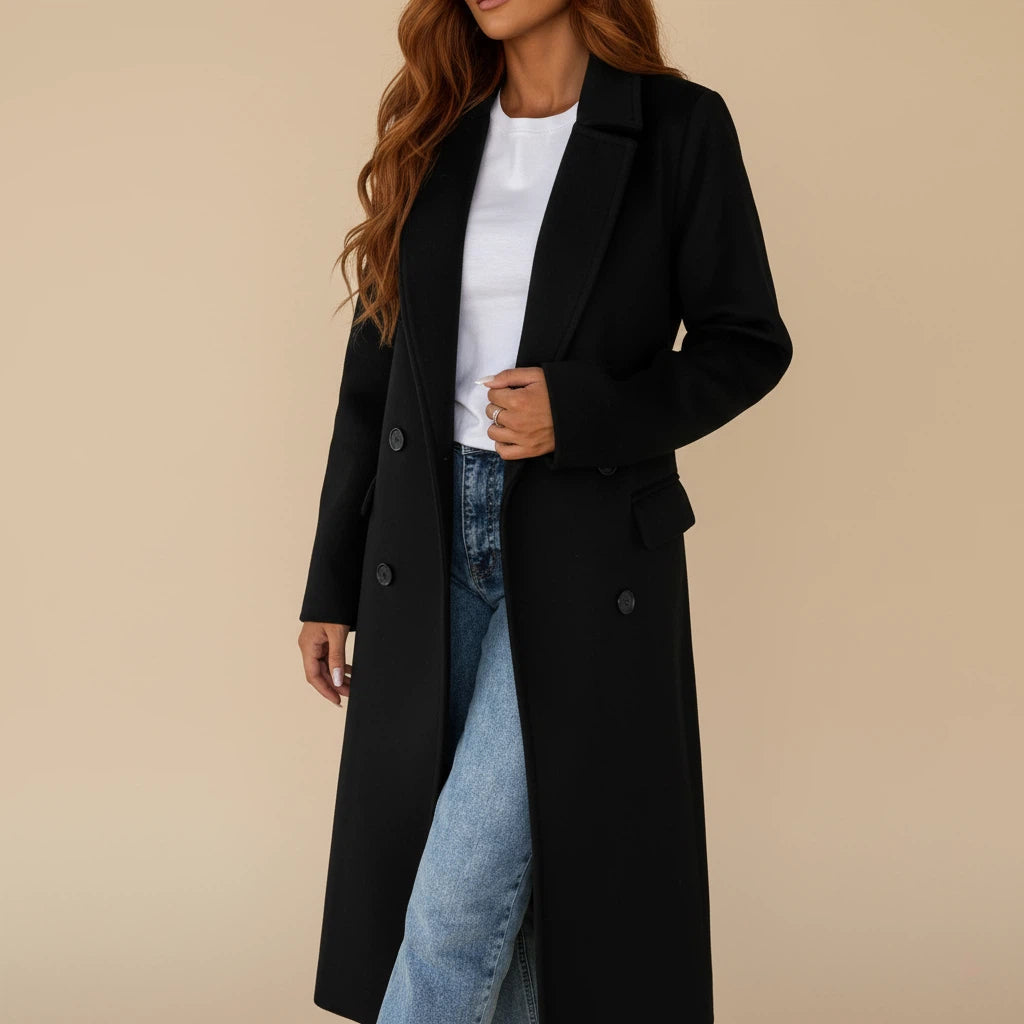 Langer Damen Trenchcoat mit Gürtel und Doppelknopfverschluss