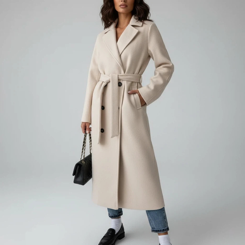 Langer Damen Trenchcoat mit Gürtel und Doppelknopfverschluss