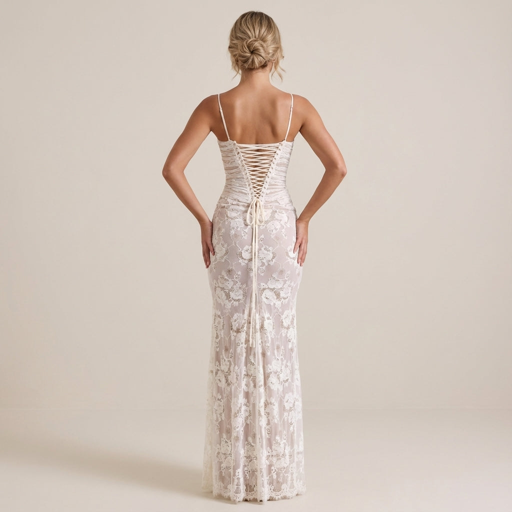 Damen Maxikleid mit Korsettschnürung und Blumenmuster