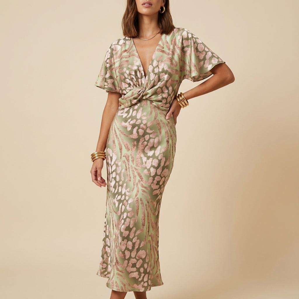 Damenkleid Midi Wickelschnitt V-Ausschnitt Kurzarm