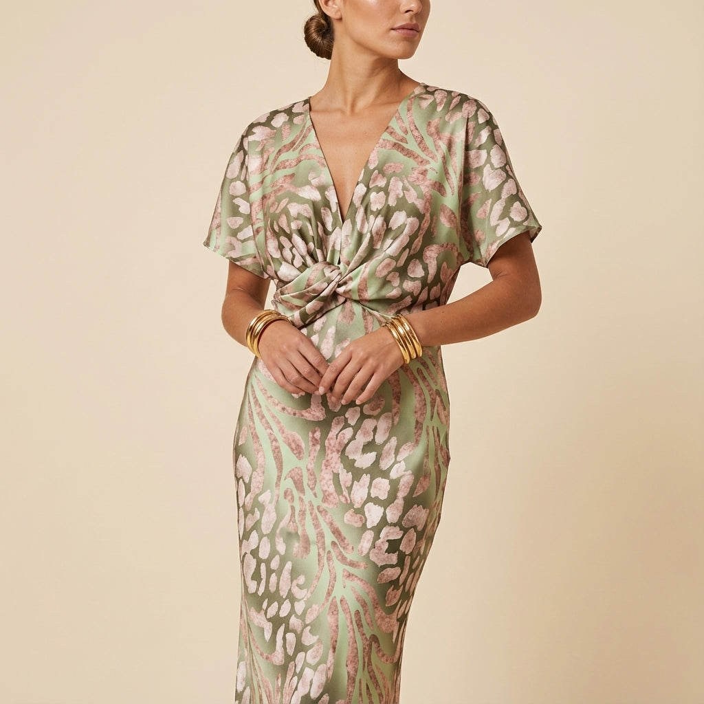 Damenkleid Midi Wickelschnitt V-Ausschnitt Kurzarm