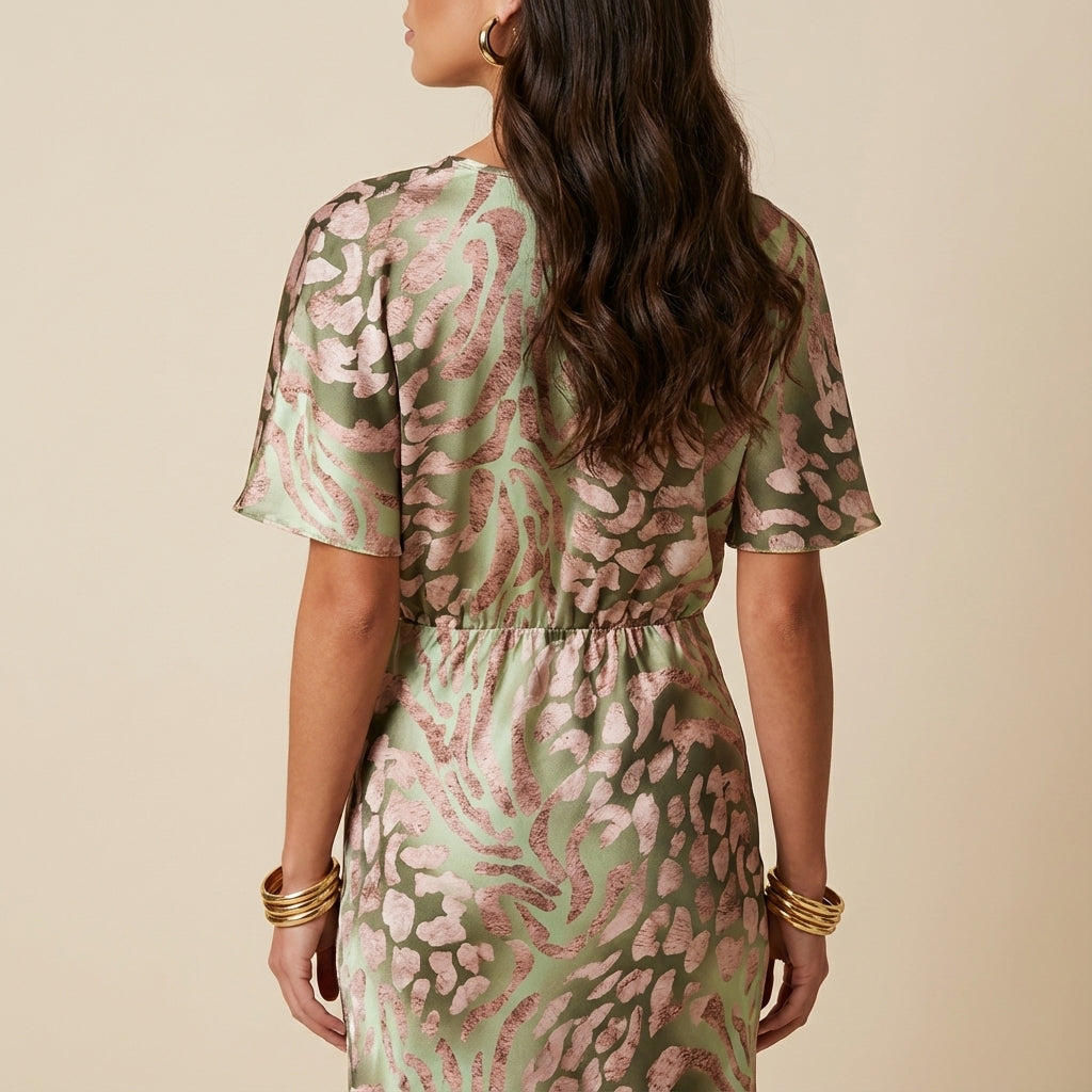 Damenkleid Midi Wickelschnitt V-Ausschnitt Kurzarm