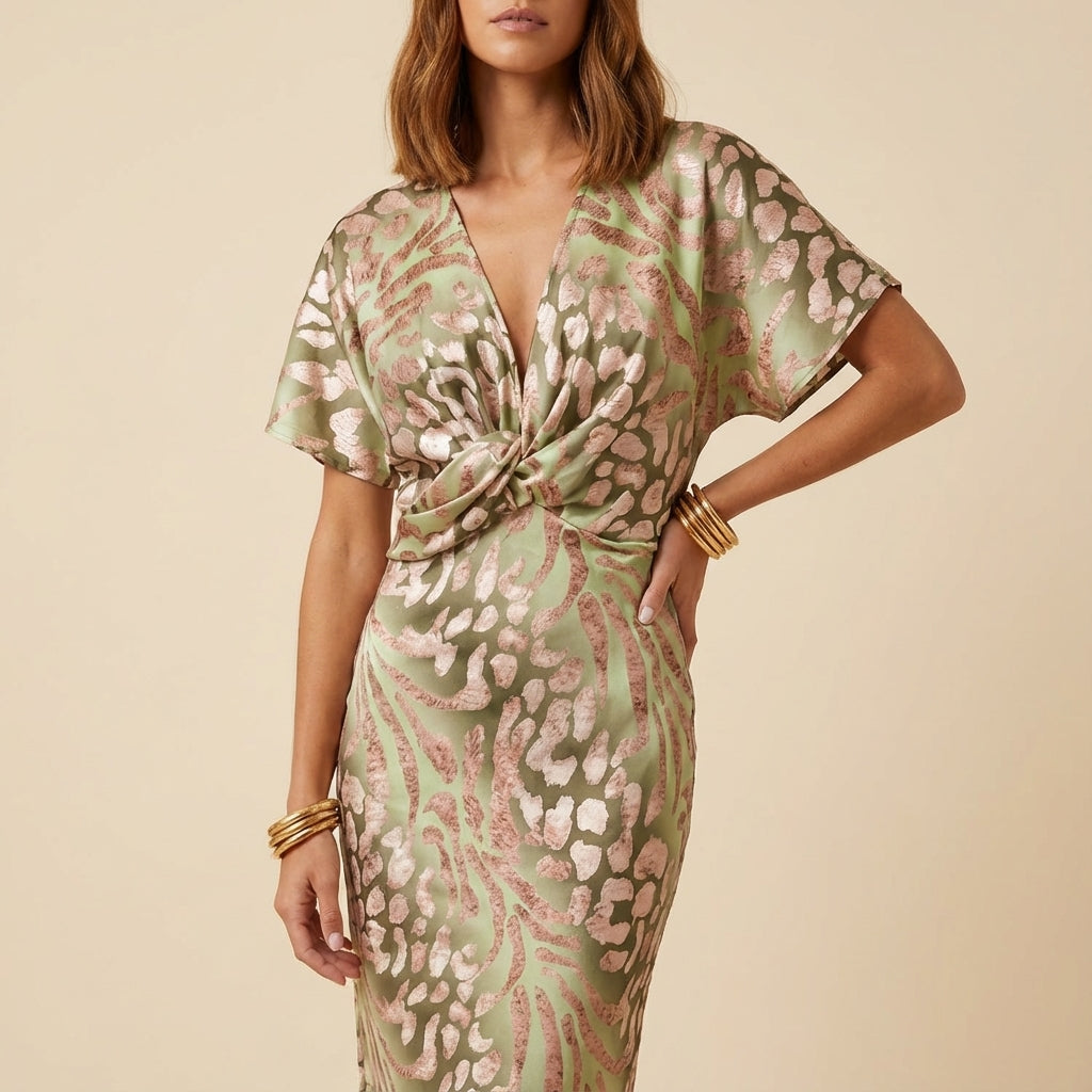 Damenkleid Midi Wickelschnitt V-Ausschnitt Kurzarm