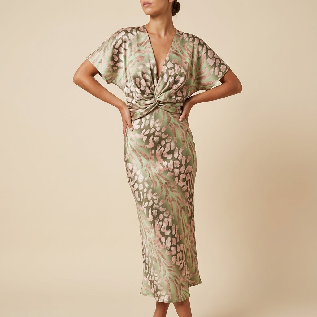 Damenkleid Midi Wickelschnitt V-Ausschnitt Kurzarm