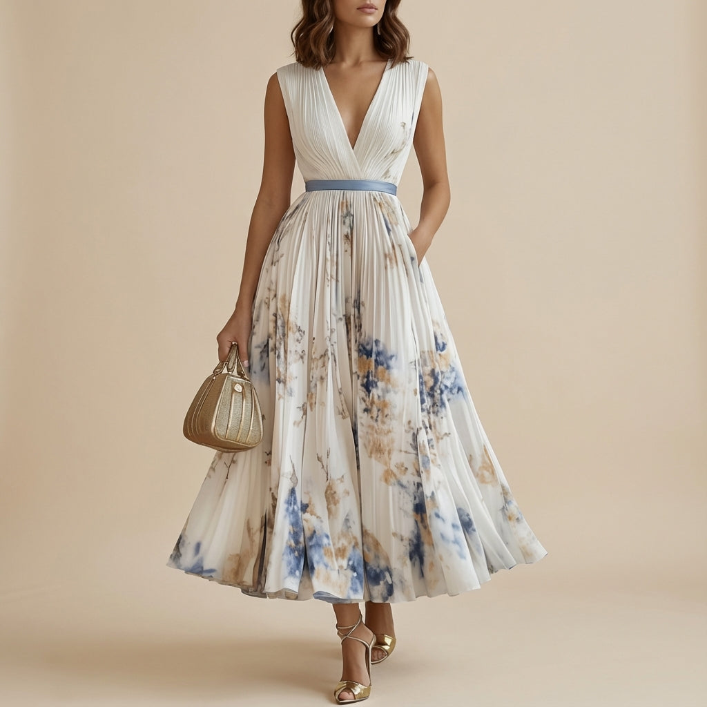 Midi-Kleid Damen Blumenmuster V-Ausschnitt