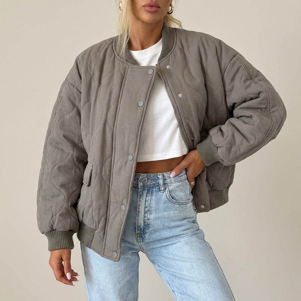 Damen Bomberjacke gesteppt mit Druckknöpfen lockerer Schnitt