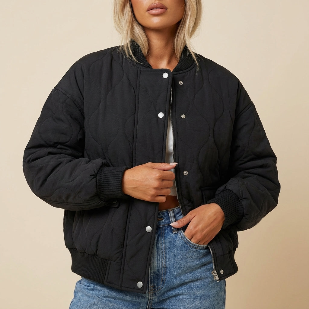 Damen Bomberjacke gesteppt mit Druckknöpfen lockerer Schnitt