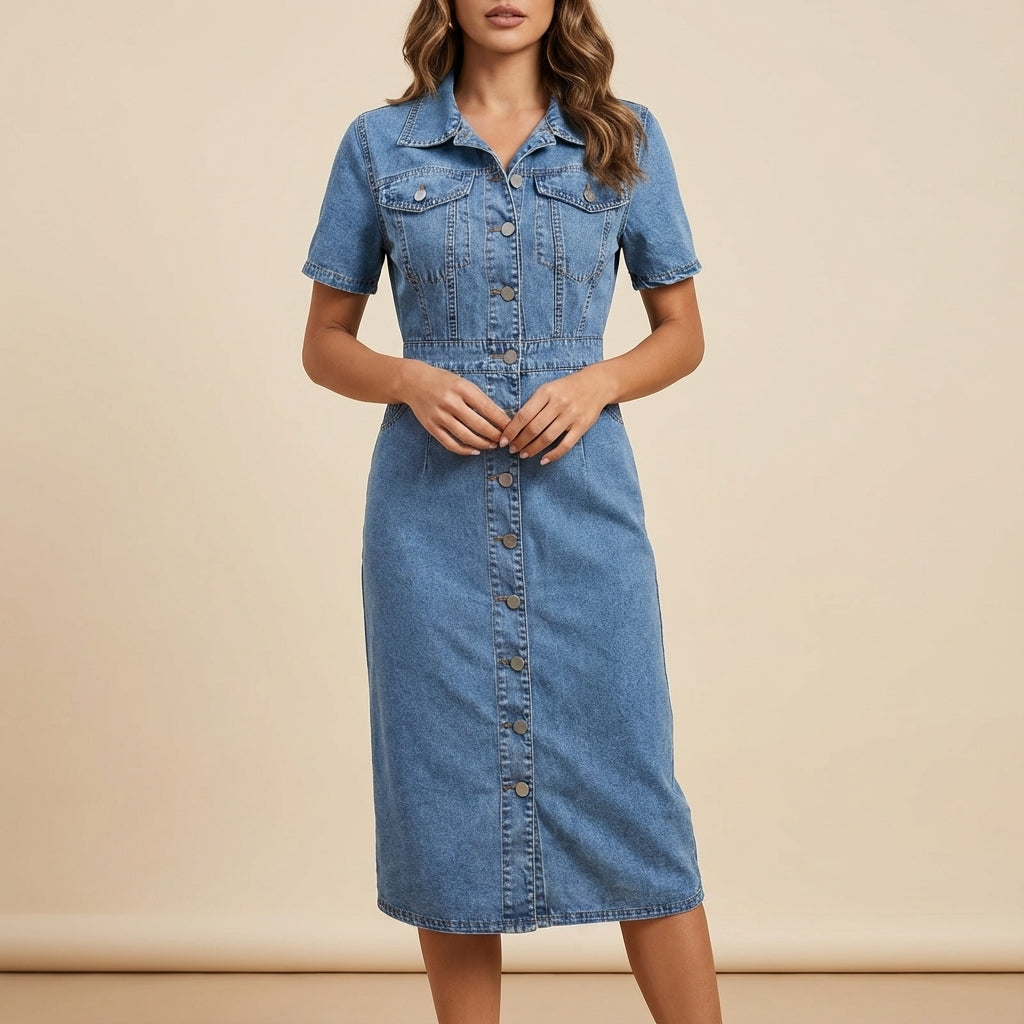 Jeanskleid Damen Midi Knopfleiste Kurzarm