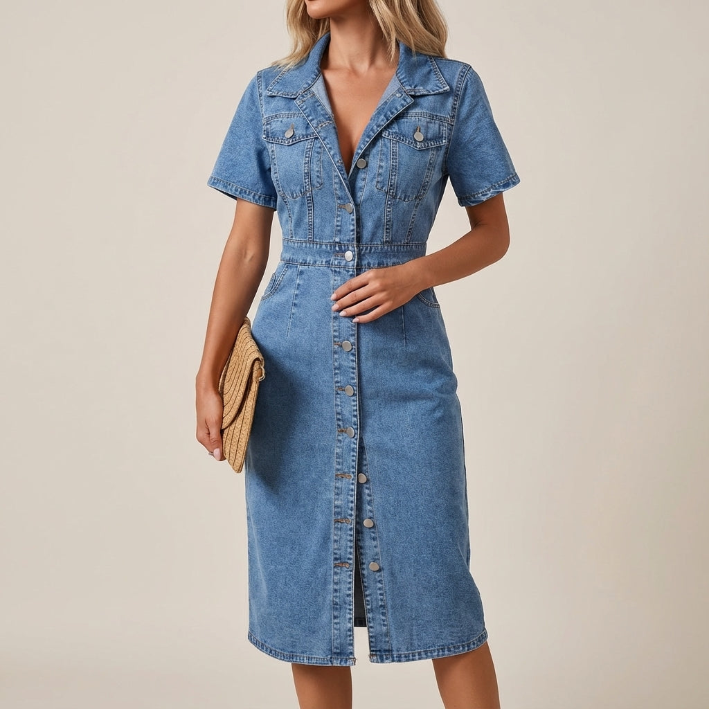 Jeanskleid Damen Midi Knopfleiste Kurzarm