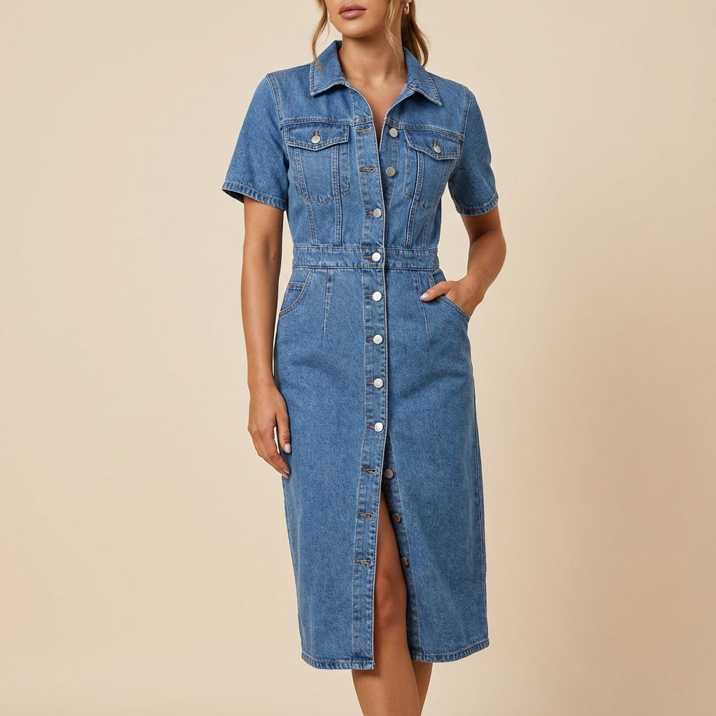 Jeanskleid Damen Midi Knopfleiste Kurzarm