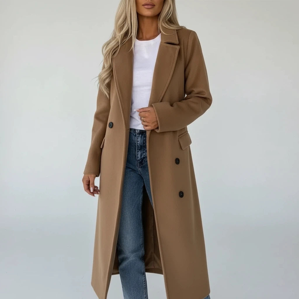 Langer Damen Trenchcoat mit Gürtel und Doppelknopfverschluss